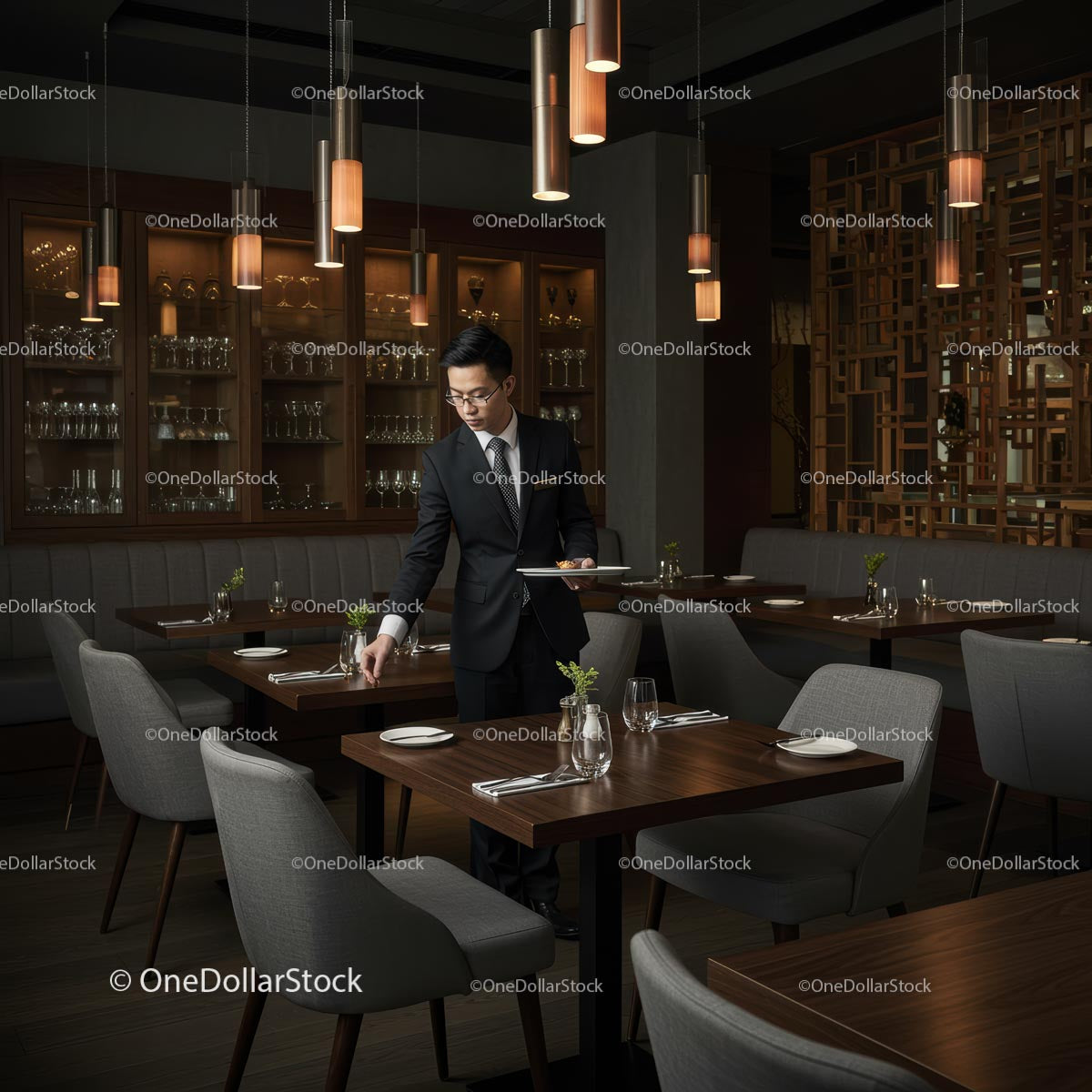 Kelner nakrywający stół w eleganckim wnętrzu restauracji