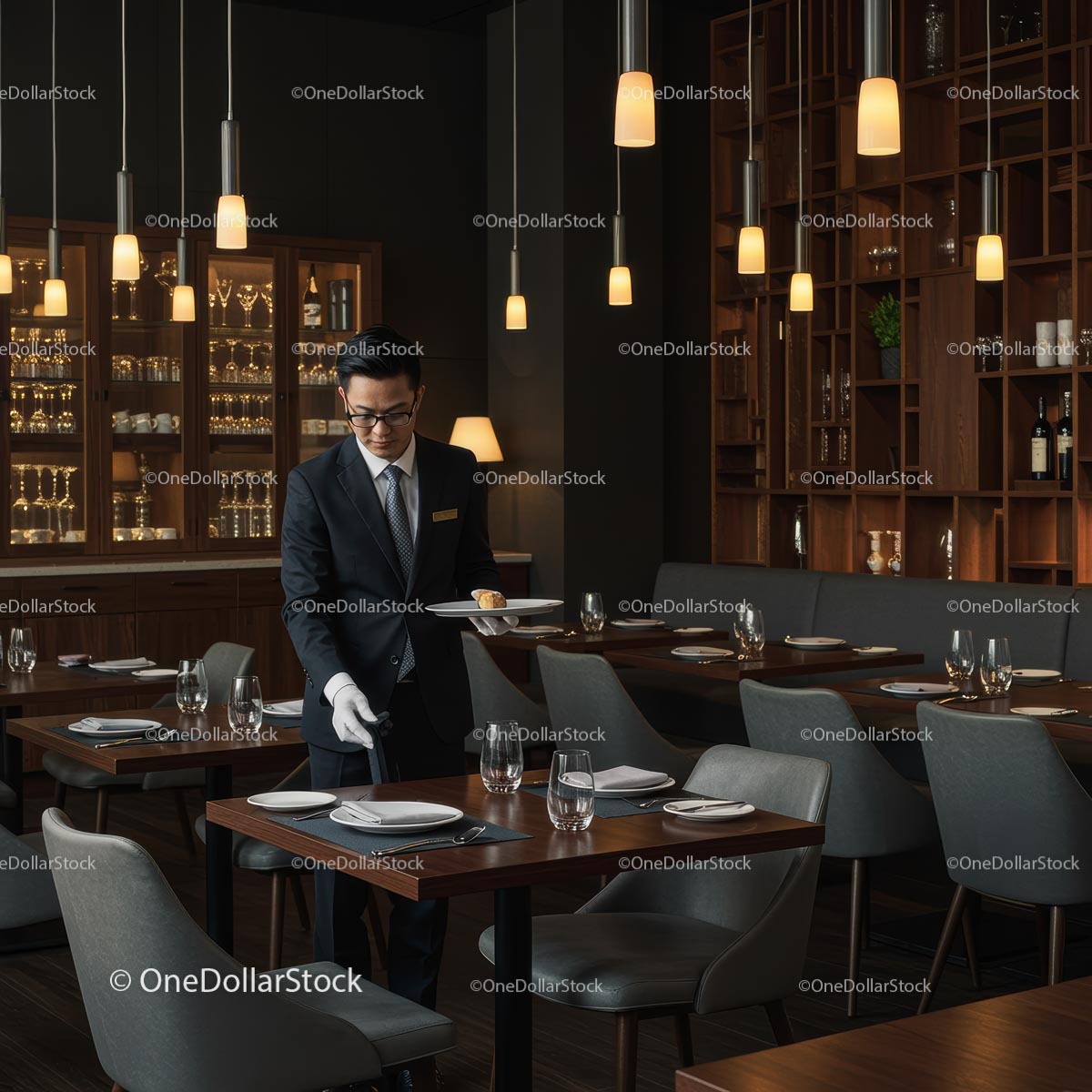 Elegant Waiter Setting a Table in Luxury Restaurant