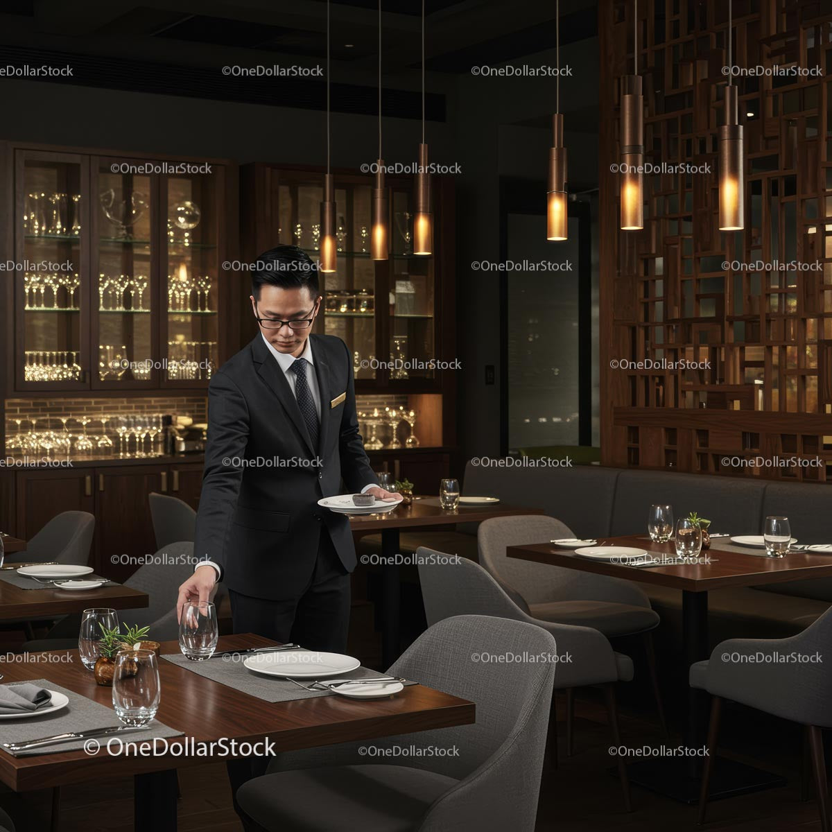 Professional Waiter Setting Table in Elegant Restaurant