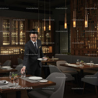 Professional Waiter Setting Table in Elegant Restaurant