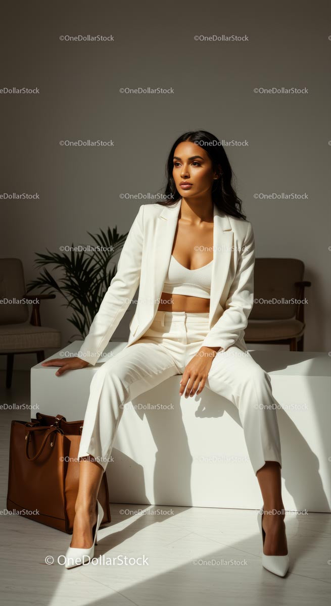 Pewna siebie kobieta w eleganckim białym garniturze w biurze