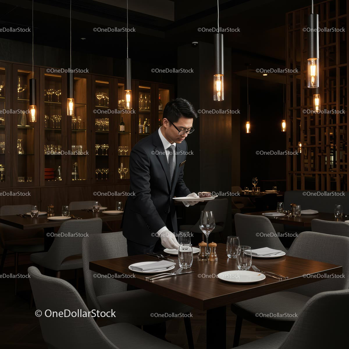 Professional Waiter Setting Table in Elegant Restaurant