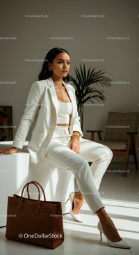 Elegant Businesswoman in White Suit with Brown Handbag