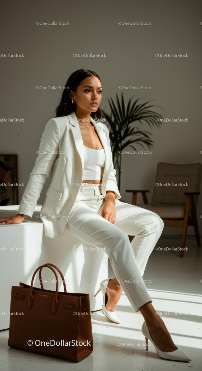Elegancka bizneswoman w białym garniturze z brązową torebką