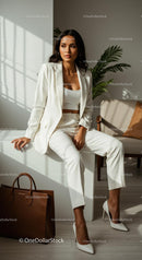 Elegant Woman in White Suit Sitting in Modern Office