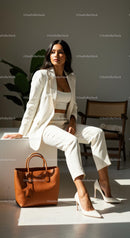 Confident Woman in White Suit with Stylish Handbag