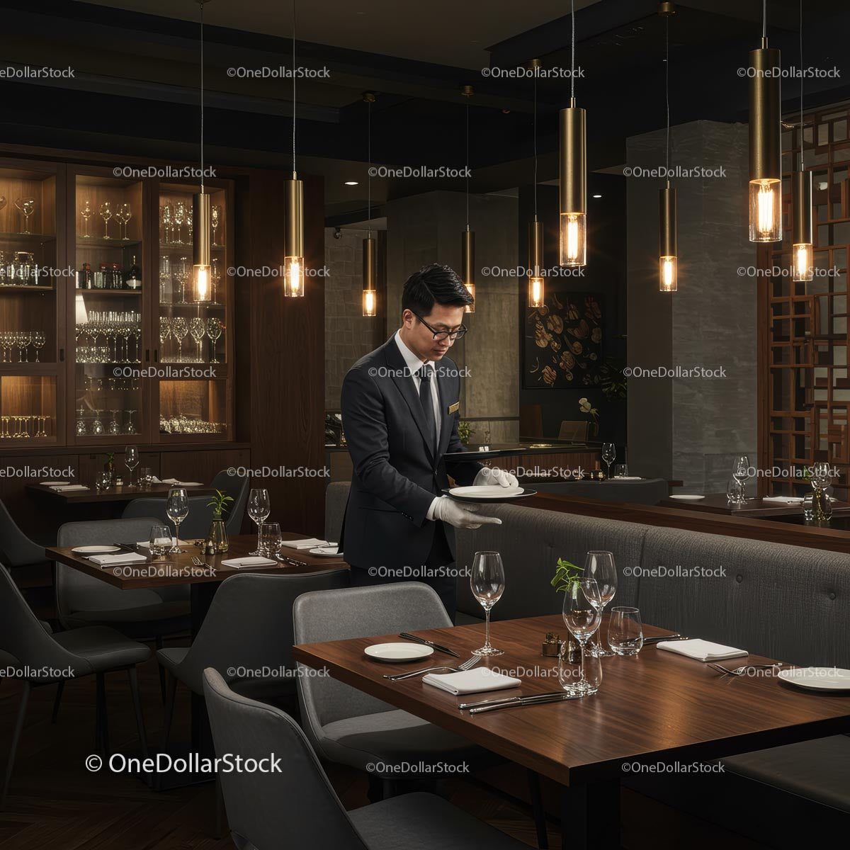 Professional Waiter Setting Table in Elegant Restaurant