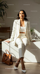 Elegant Woman in White Suit Sitting in Sunlit Room