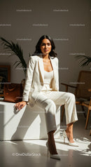 Elegant Woman in White Suit in Sunlit Interior