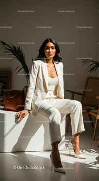 Elegant Woman in White Suit in Sunlit Interior