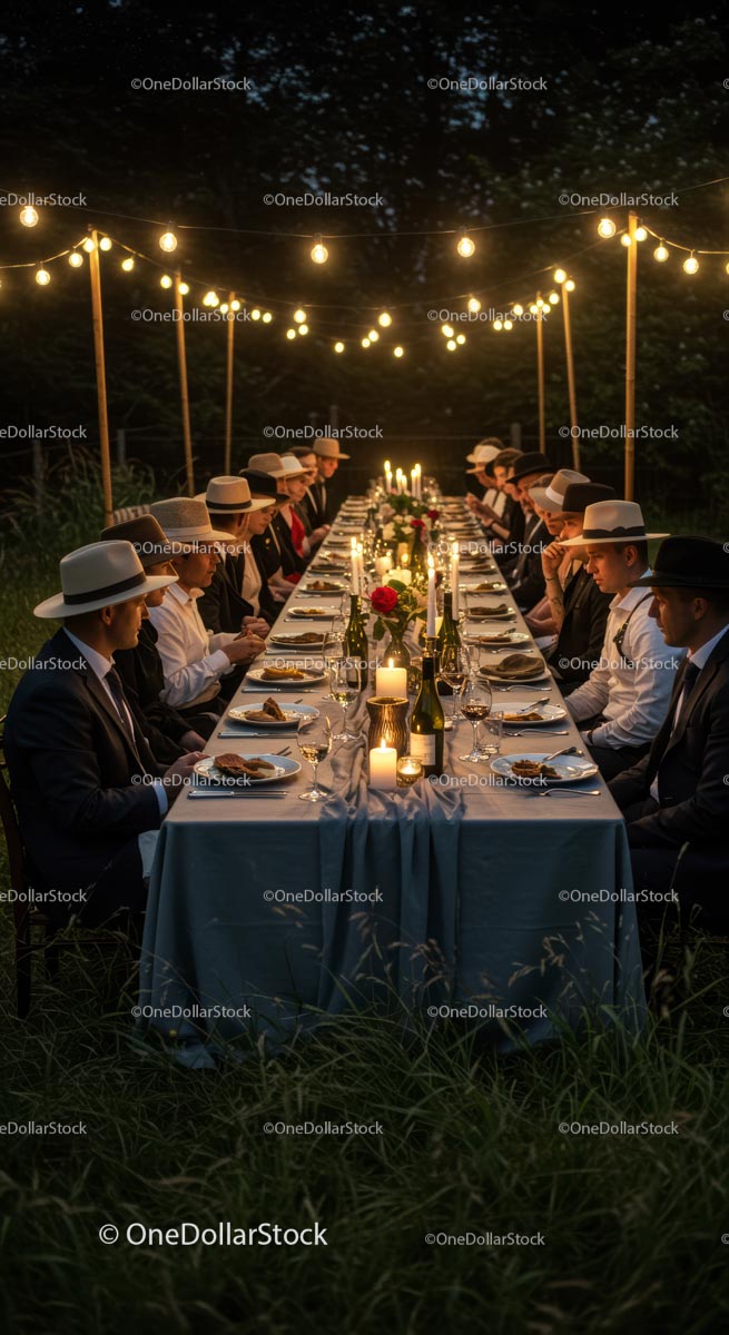 Elegant Candlelit Outdoor Dinner with Guests in Hats