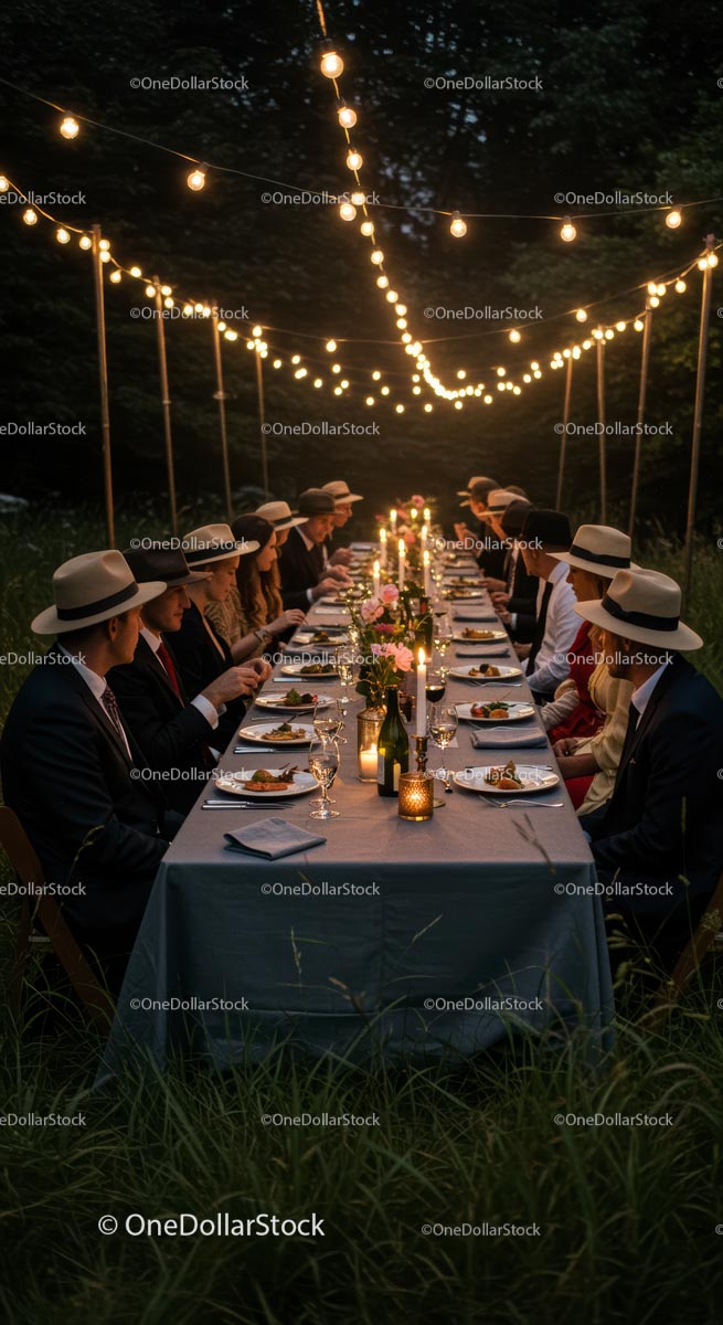 Elegant Outdoor Dinner with String Lights and Candles