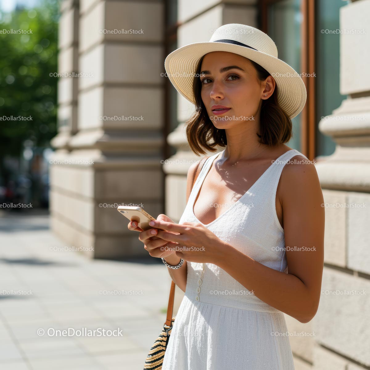 Stylowa kobieta w białej letniej sukience trzymająca smartfon