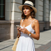 Fashionable Woman in White Dress and Straw Hat on City Street