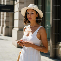 Stylish Woman in White Dress Holding Smartphone on Sunny Day