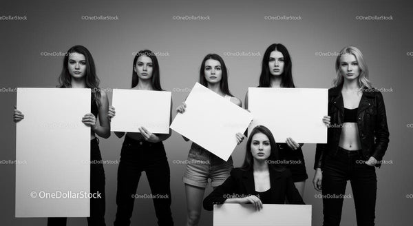 Monochrome Portrait of Stylish Women Holding Blank Signs