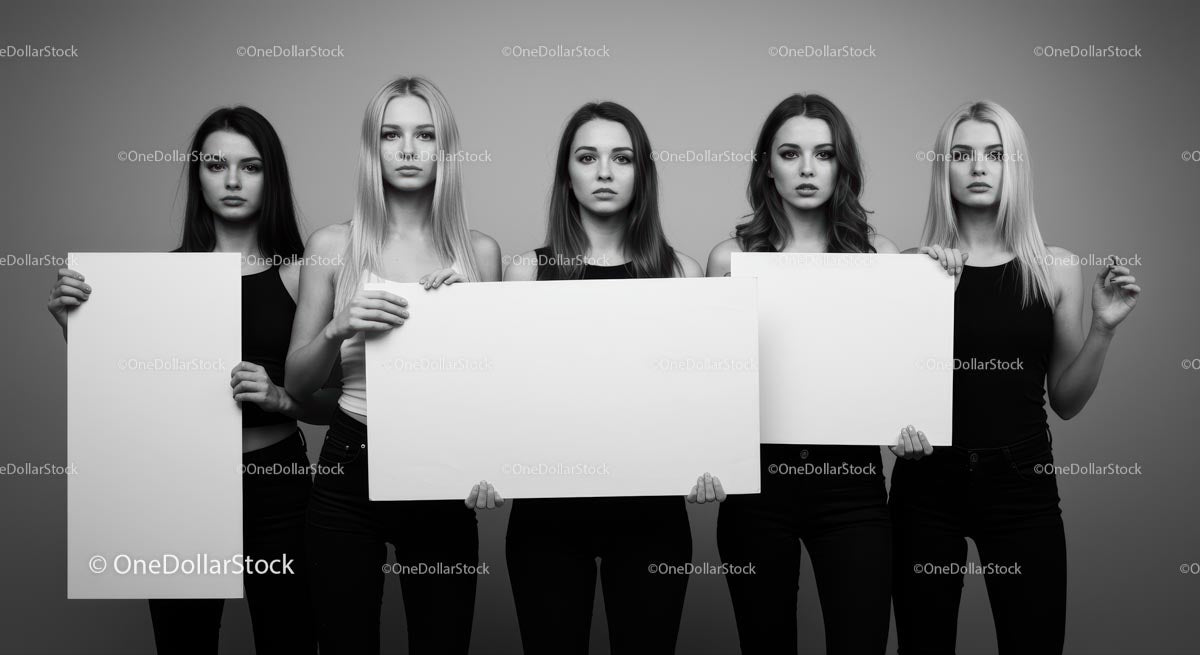 Grupa kobiet trzymających puste plakaty w czerni i bieli