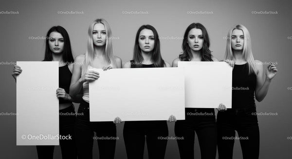 Group of Women Holding Blank Posters in Black and White