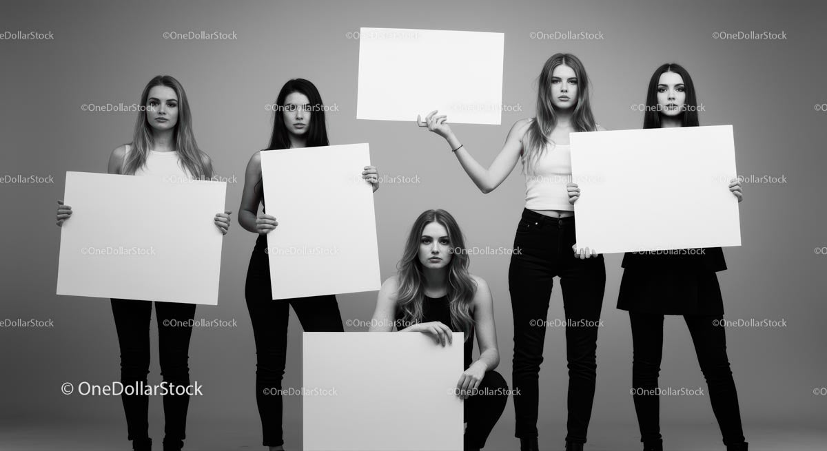 Group of Stylish Women Holding Blank Posters in Studio