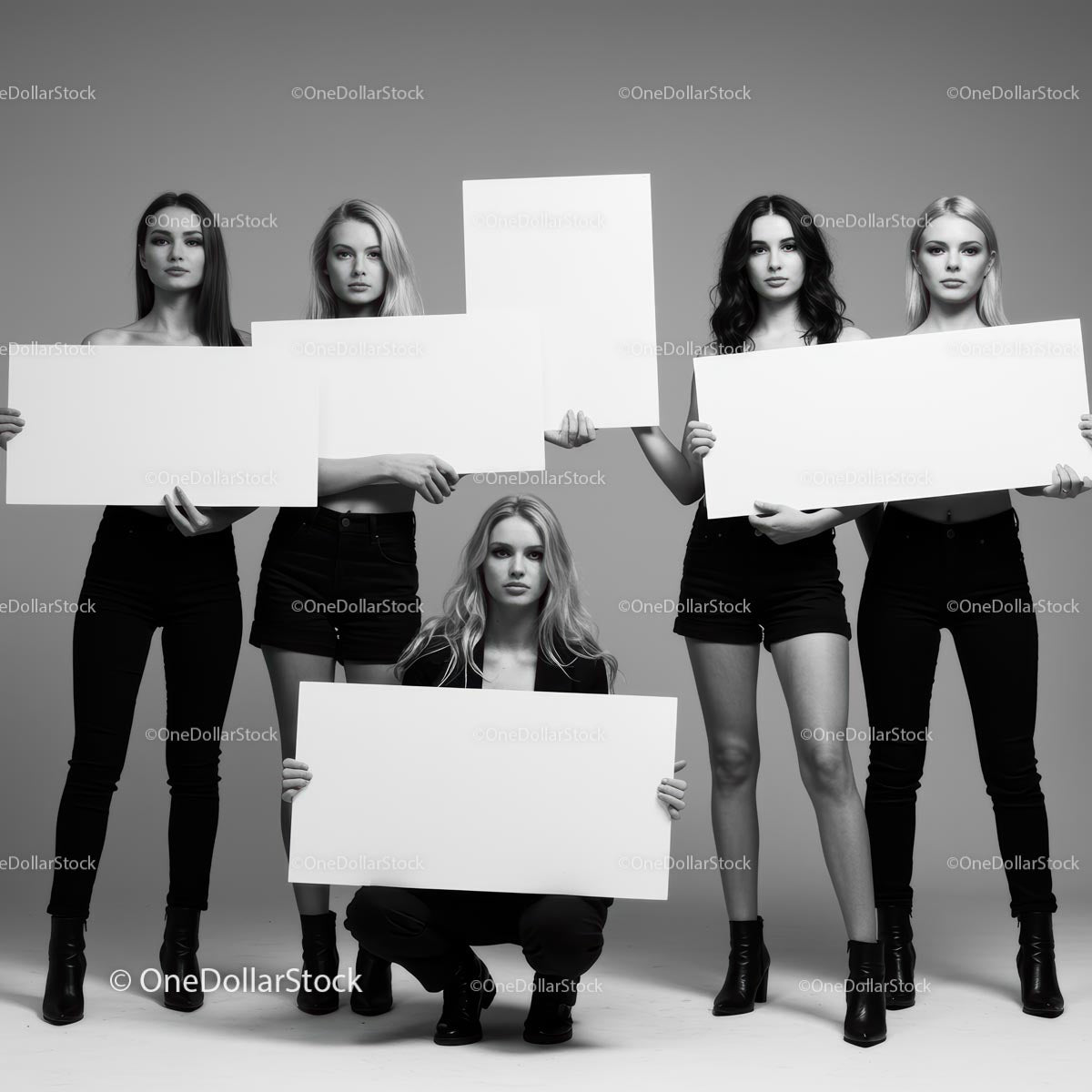 Black and White Portrait of Women Holding Blank Signs
