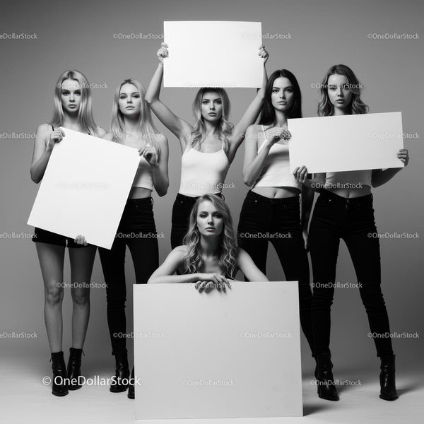 Grupa Modelek Modowych Trzymających Puste Tablice w Monochromie