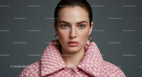 Chic Woman in Pink Houndstooth Coat with Hoop Earrings