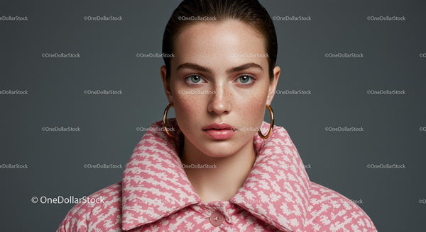 Chic Woman in Pink Houndstooth Coat with Hoop Earrings