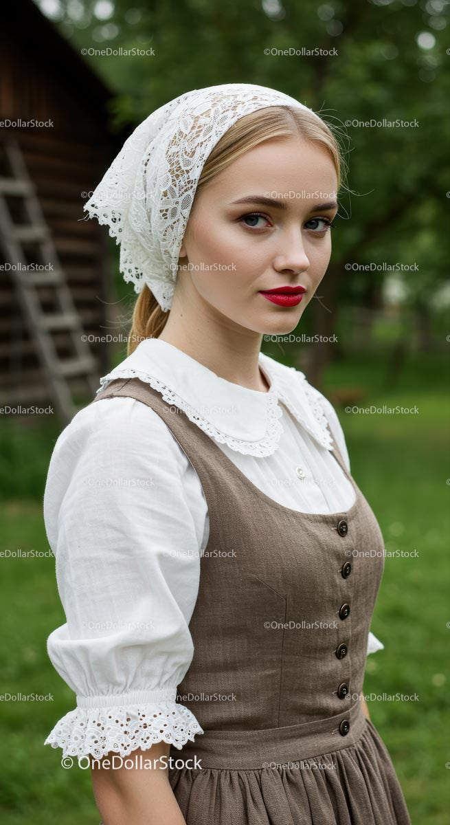 Young Woman in Traditional European Dress with Lace Headscarf