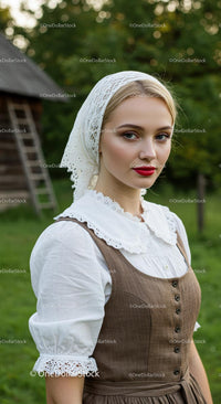 Young Woman in Traditional Brown Dress and Lace Headscarf