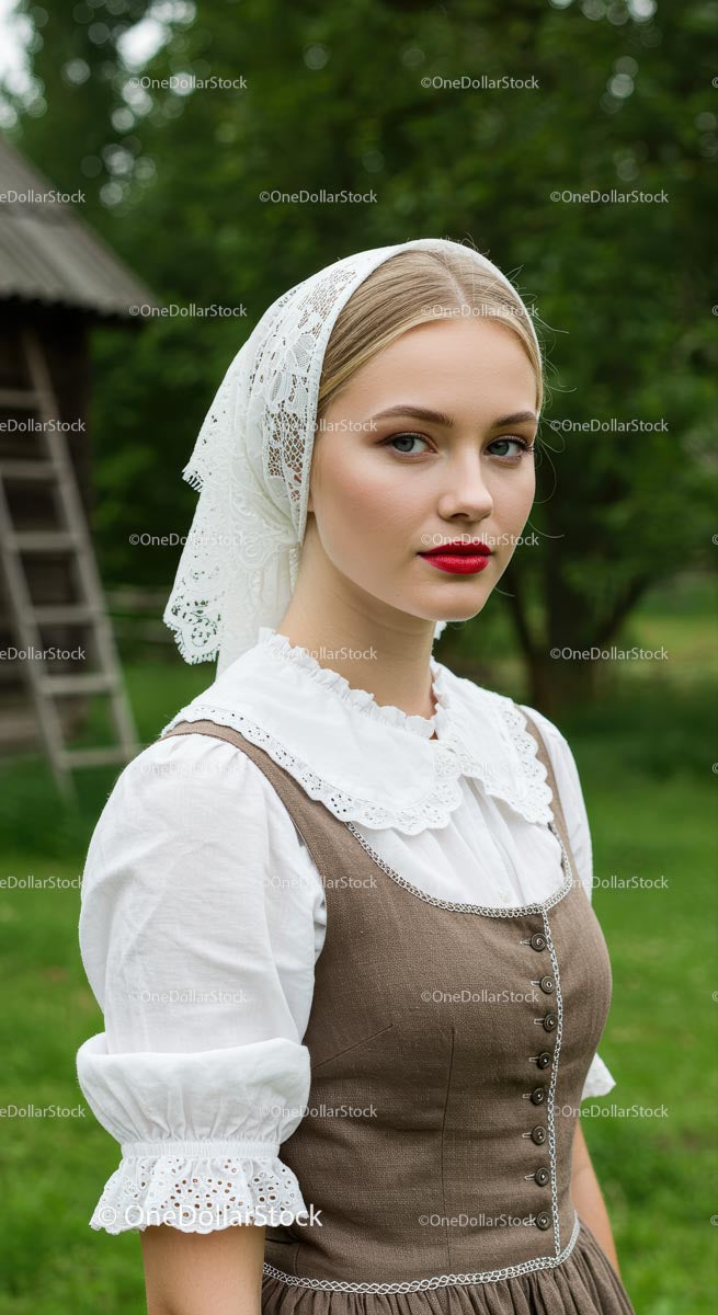 Młoda kobieta w historycznej sukni z koronkową chustą na głowie