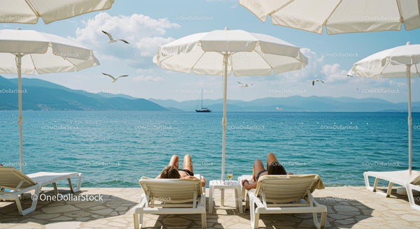 Lazy Day on Sun Loungers by the Blue Sea
