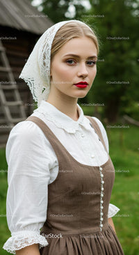 Young Woman in Traditional Rural Attire Outdoors