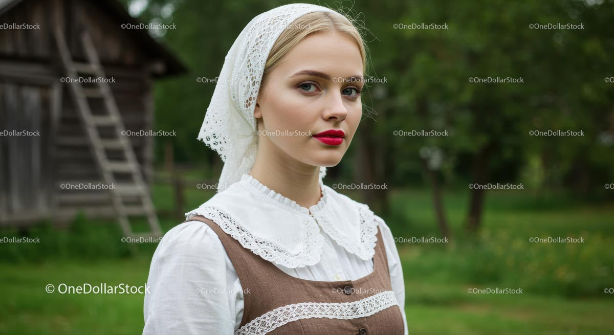 Young Woman in Traditional Lace Headscarf in Rural Setting