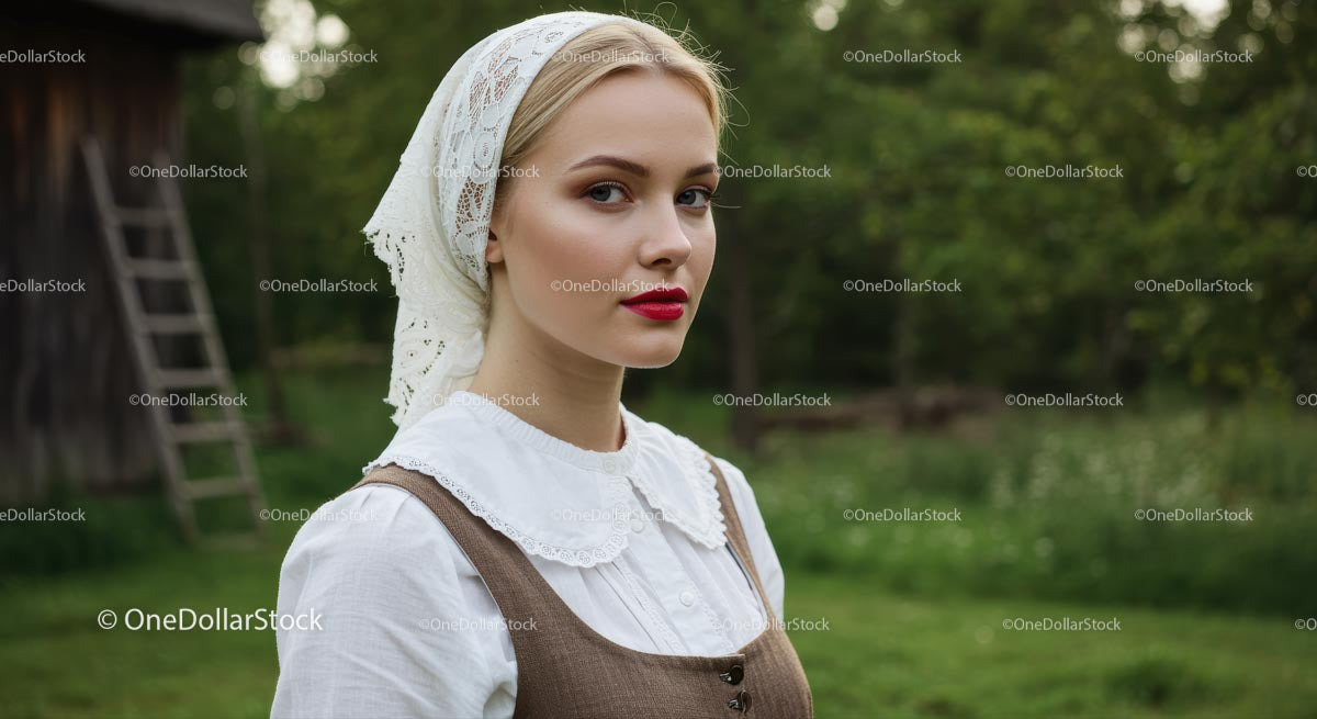 Traditional Woman in Vintage Attire in Lush Countryside