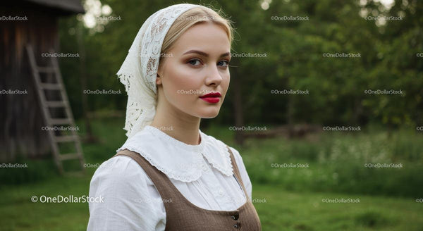 Traditional Woman in Vintage Attire in Lush Countryside