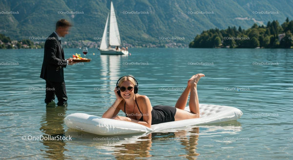 Woman Relaxing on Inflatable Mattress in Mountain Lake