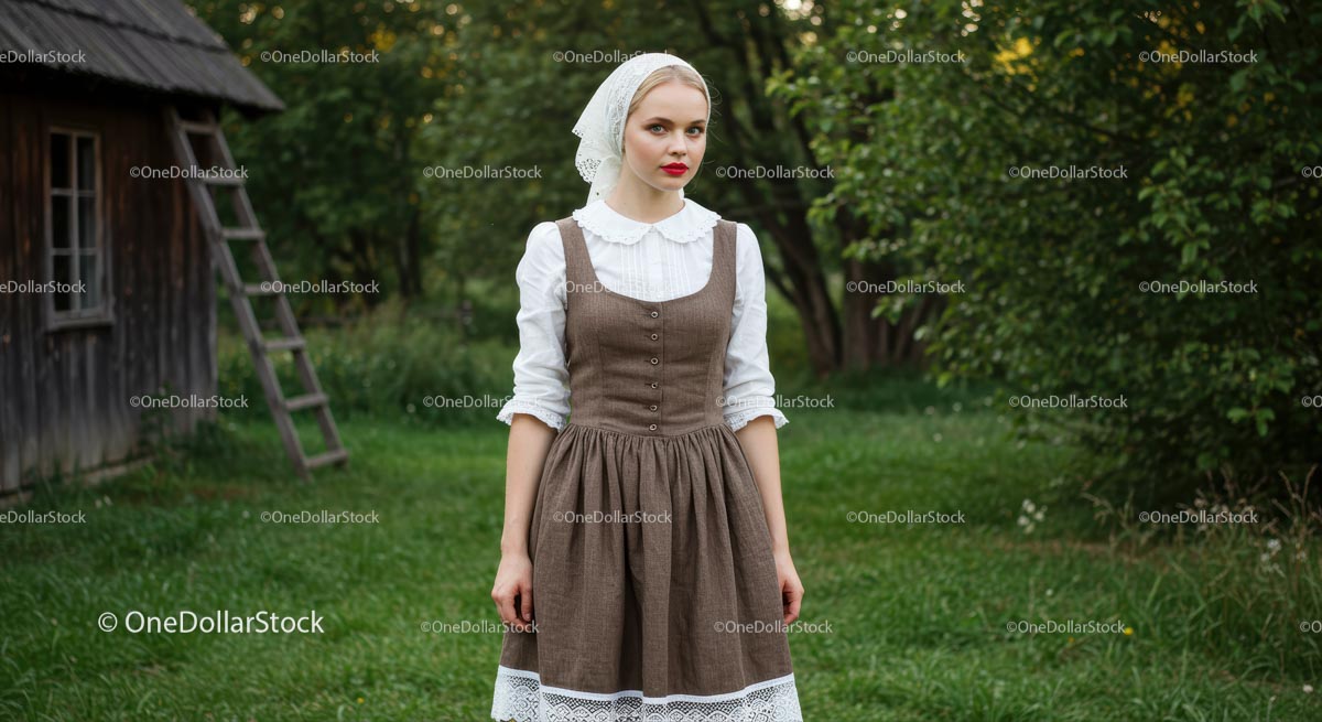 Woman in Traditional Dress in a Rustic Countryside Setting