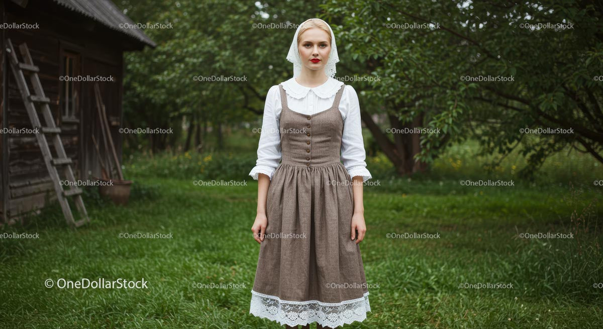 Woman in Traditional Dress in Verdant Countryside