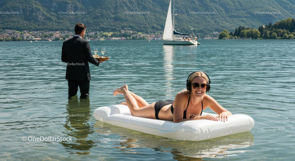 Woman Relaxing on Inflatable Mattress in Mountain Lake