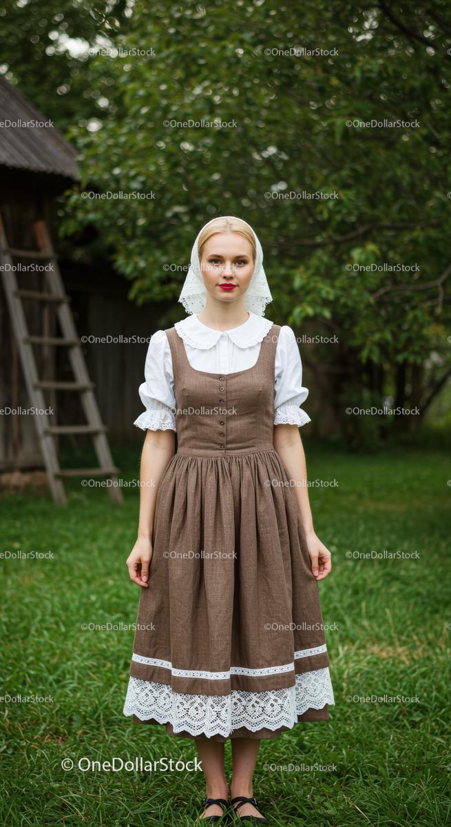 Woman in Traditional Dress in Green Countryside Setting