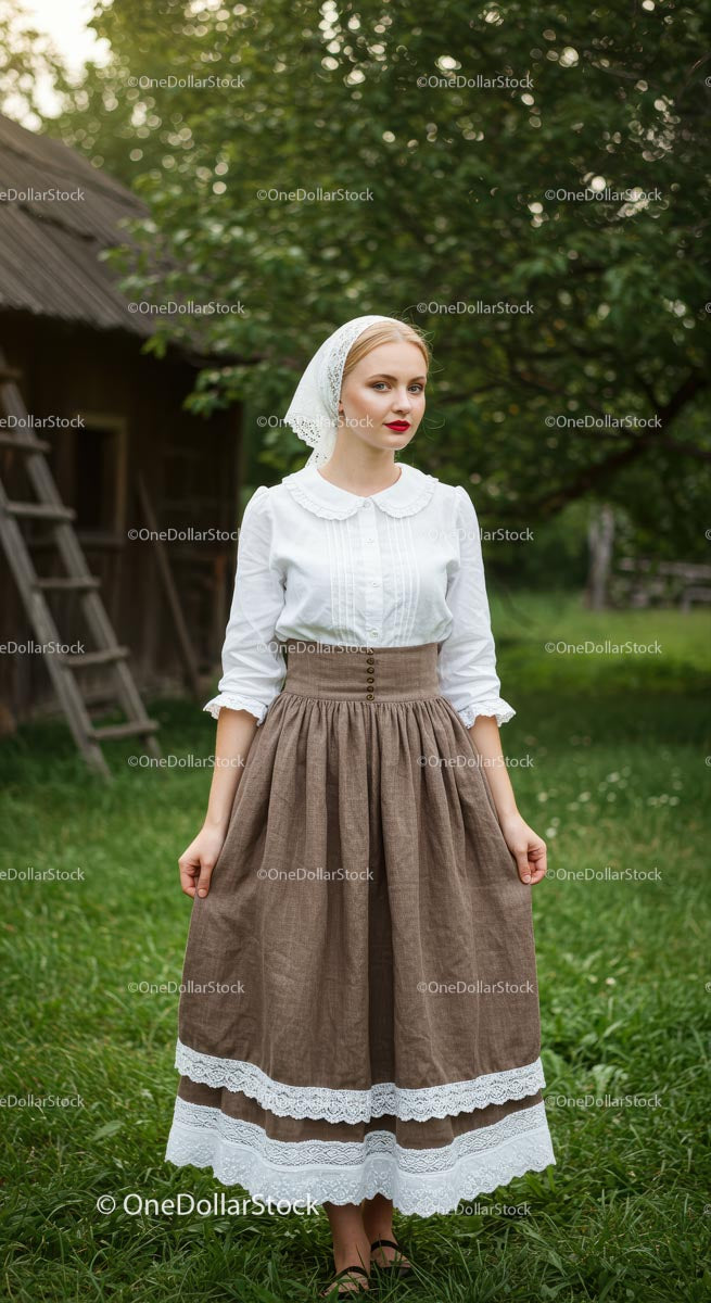 Woman in Traditional European Attire in Countryside