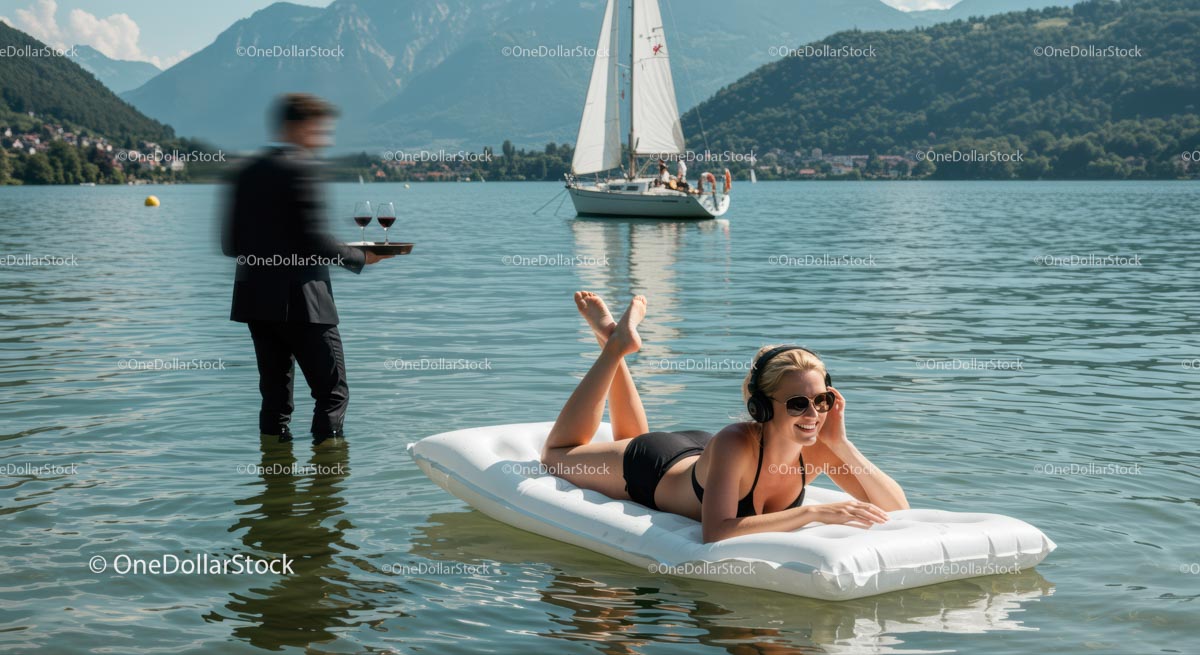 Woman Relaxing on Floating Mattress by Scenic Lake