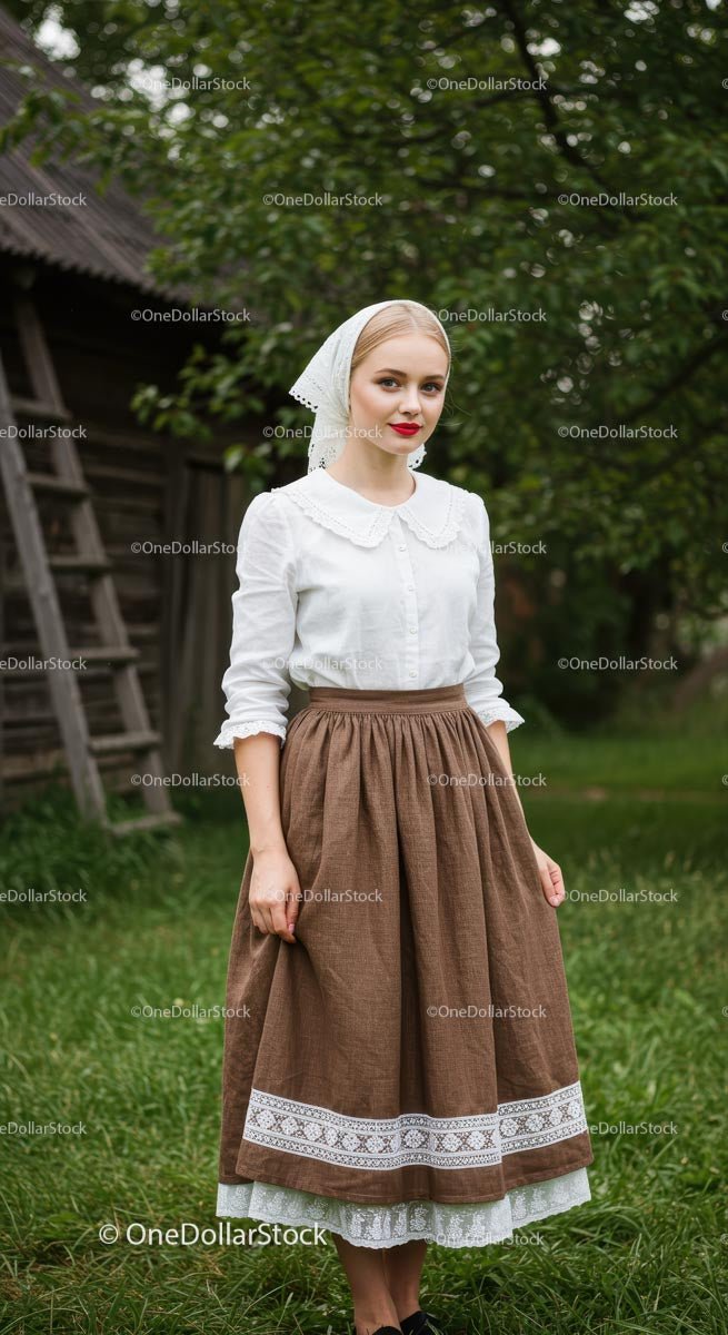 Woman in Traditional Dress Stands in Lush Countryside