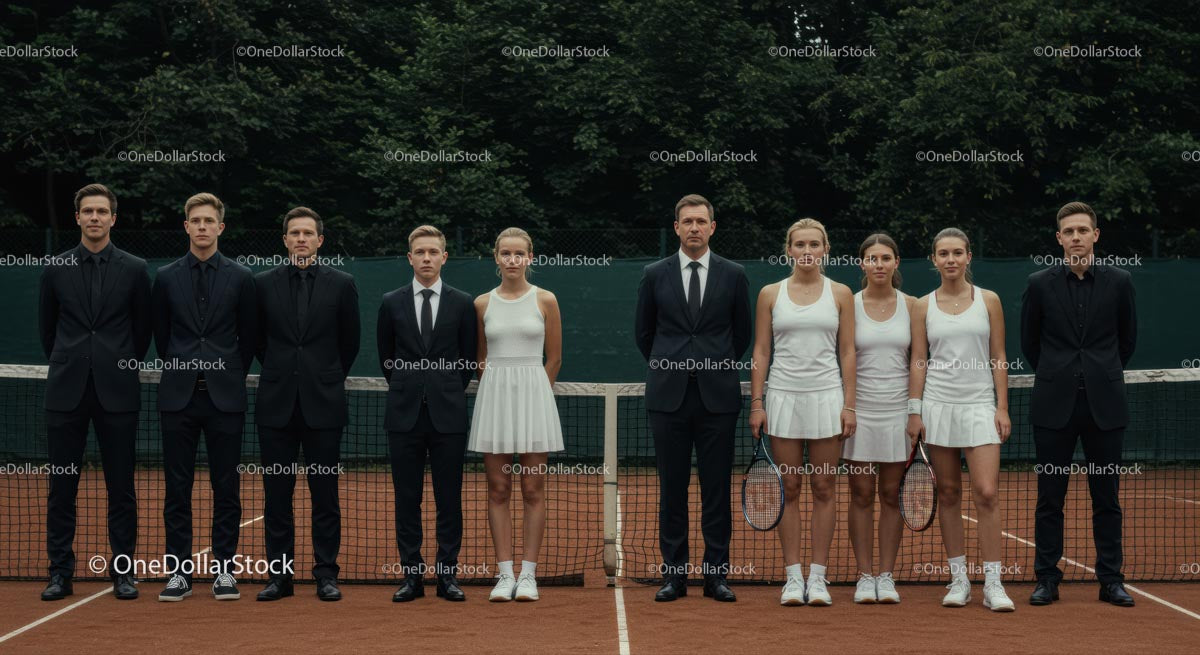 Tennis Team in Formal Attire on Clay Court