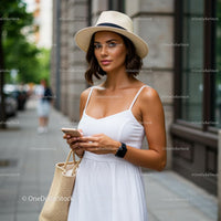 Stylish Woman in White Dress and Straw Hat on City Street