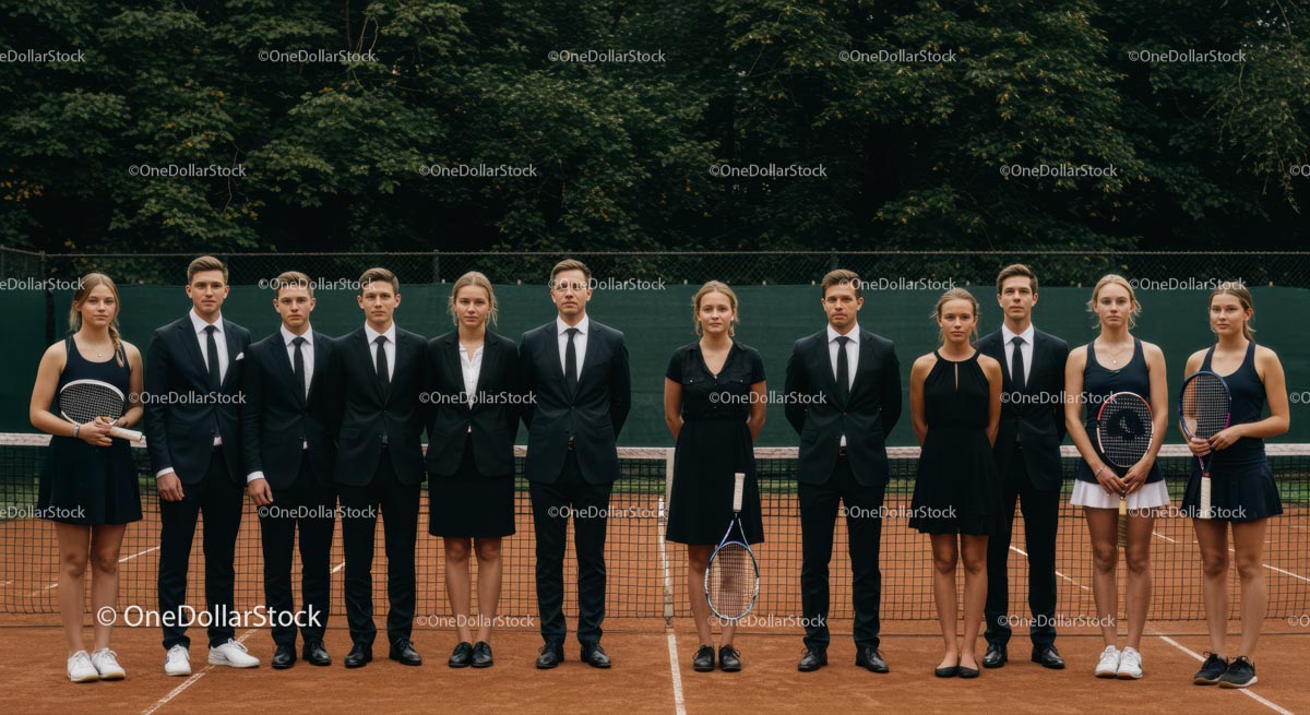 Elegantly Dressed Team on a Tennis Court