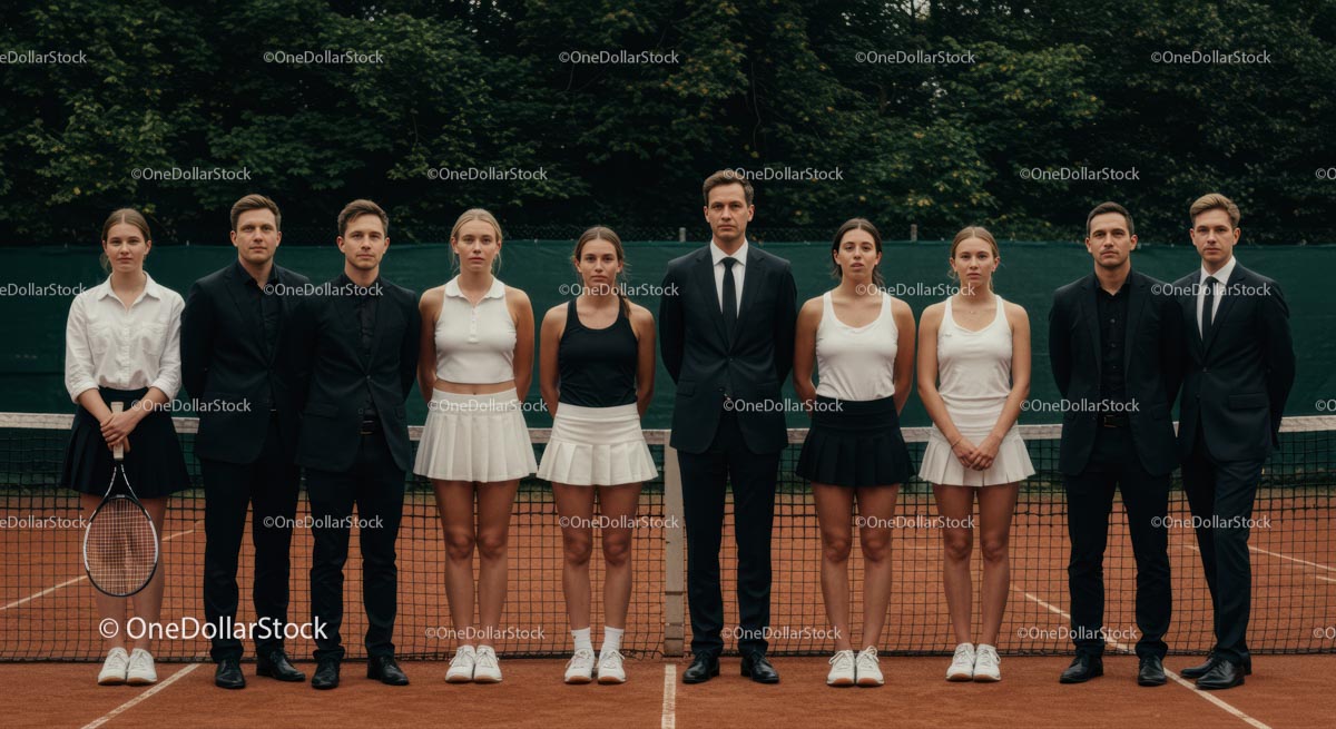 Formal Tennis Team Posing on Court