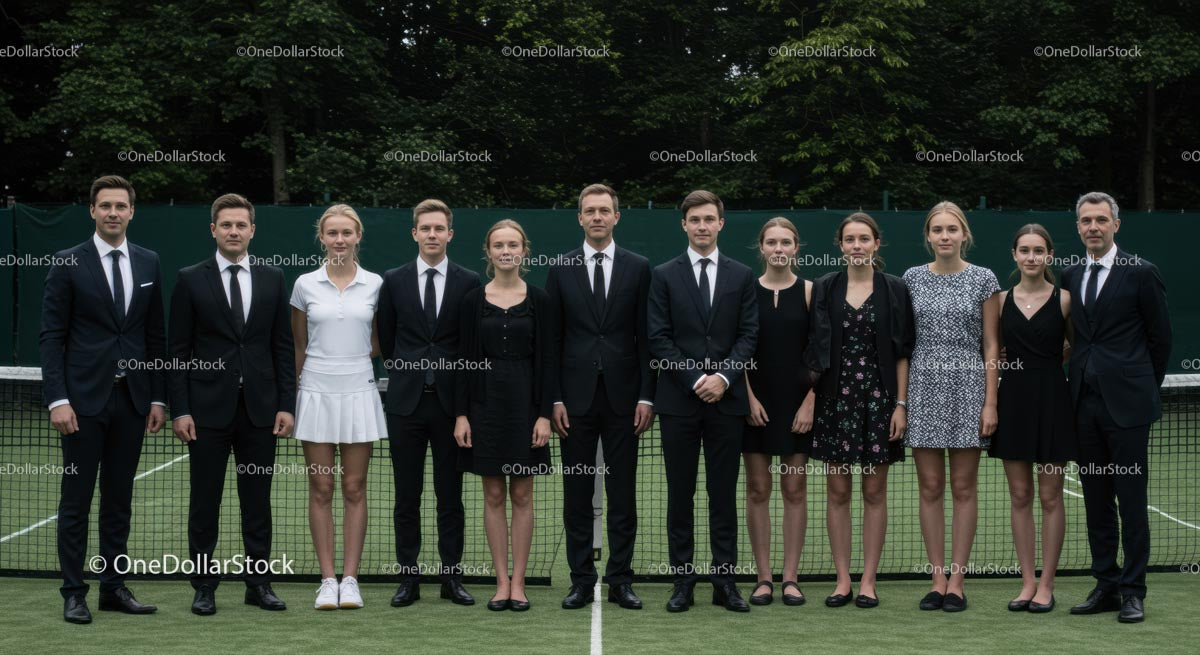 Group of Professionals in Formal Attire on Tennis Court