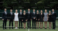 Group of Professionals in Formal Attire on Tennis Court