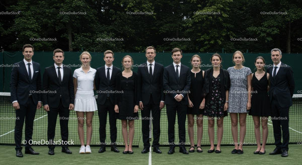 Group of Professionals in Formal Attire on Tennis Court